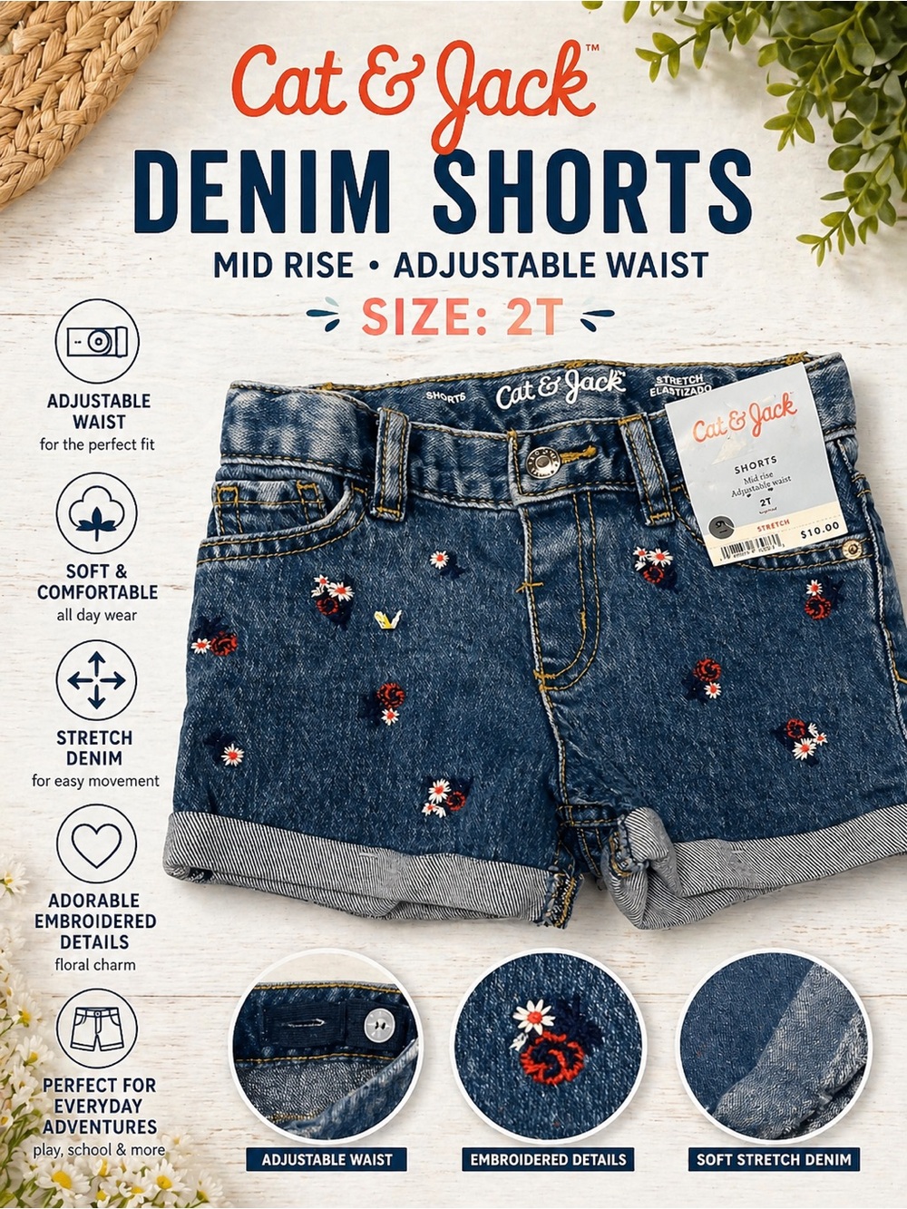 Cat & Jack 2T Denim Shorts NWT Floral Embroidered Mid Rise Adjustable